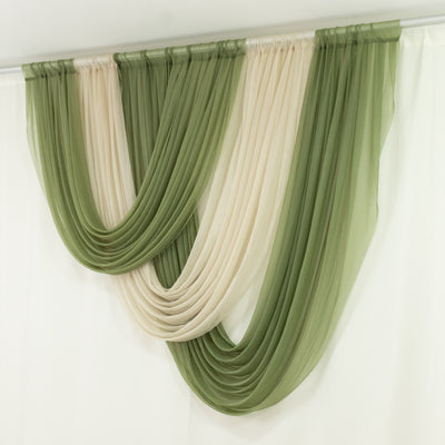 Draped sheer curtains in green and cream hues, elegantly styled.