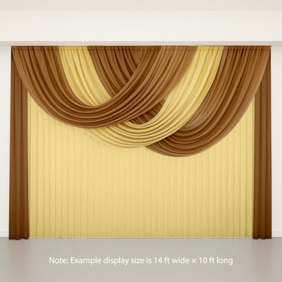 Layered brown and gold sheer curtains on a display backdrop