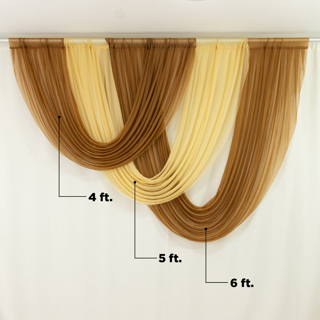 Draped fabric curtain in brown and yellow, showcasing elegant design.