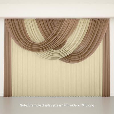 Draped fabric curtains in beige and brown, showcasing texture and color contrast.