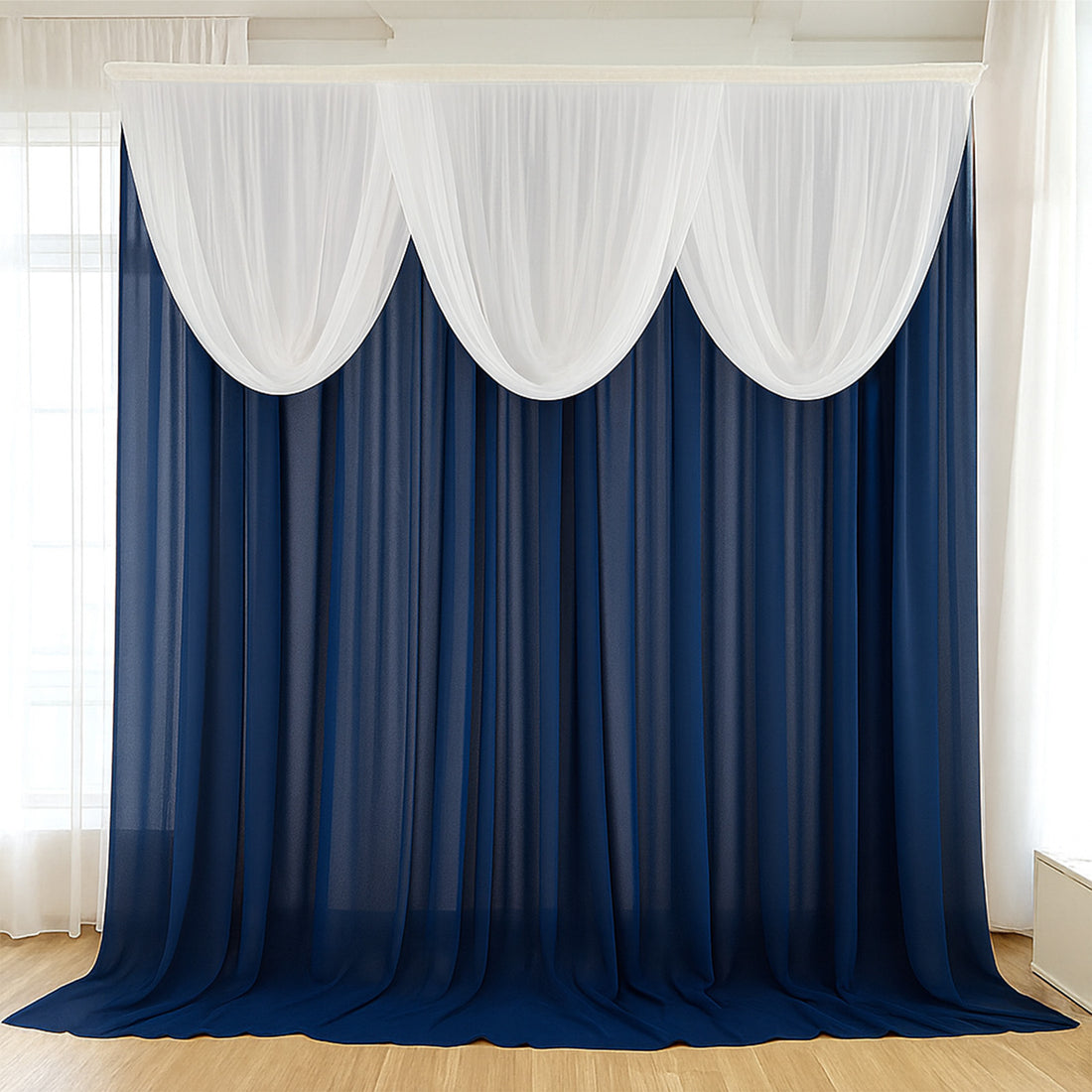 Navy blue and white sheer curtain drapery for elegant decor 