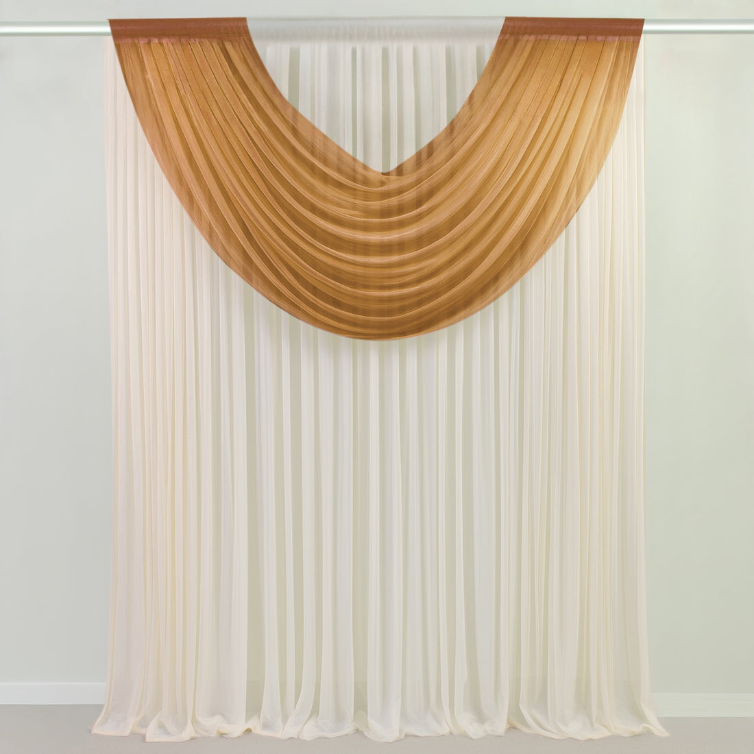 Brown sheer swag curtain panel draped on rod over white wall