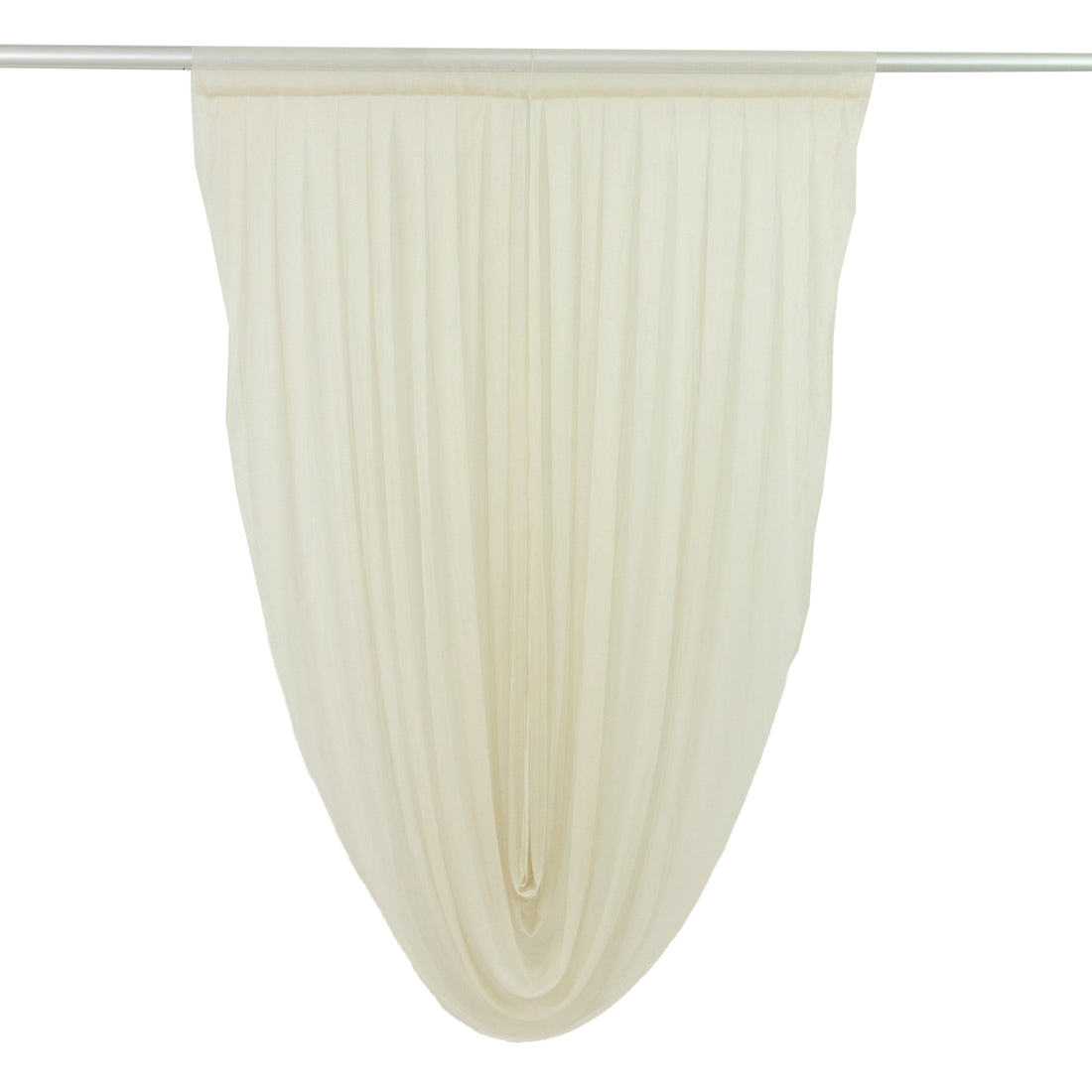 Cream sheer curtain panel hanging on rod #whtbkgd