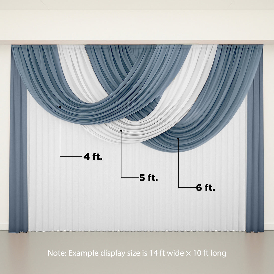 Blue and cream sheer curtain drapes elegantly arranged.