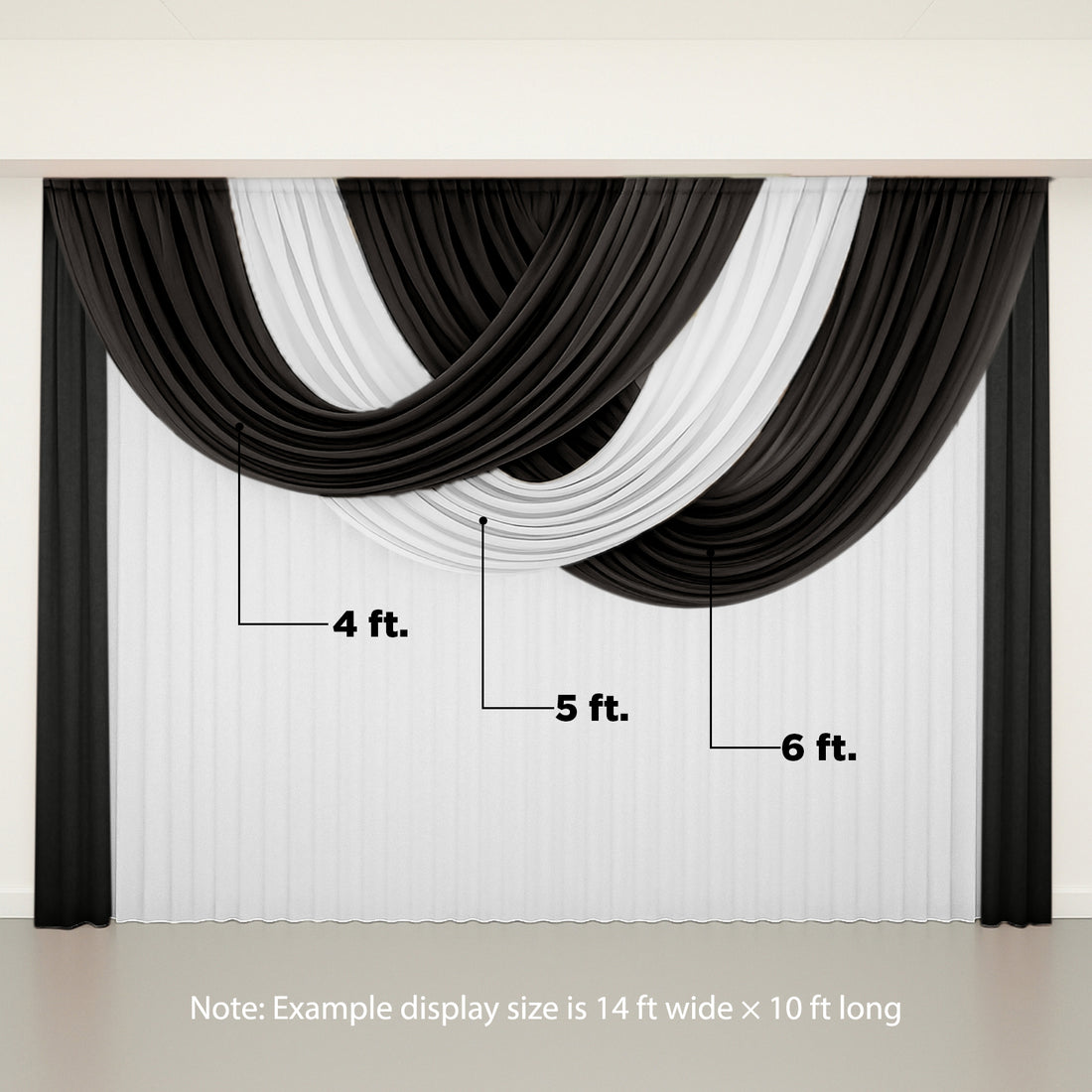 Black and white draped curtain backdrop for events and displays.
