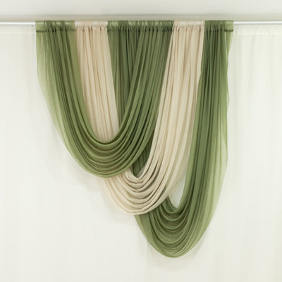Green and ivory sheer curtains draped on white backdrop