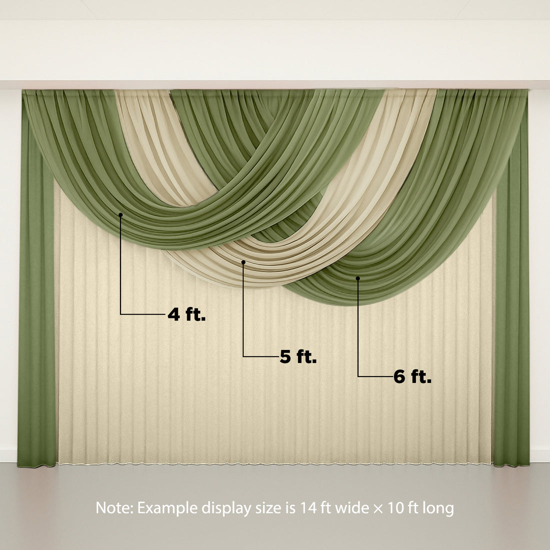 Elegant draped sheer curtains in green and beige tones.