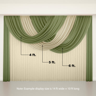 Elegant draped sheer curtains in green and beige tones.