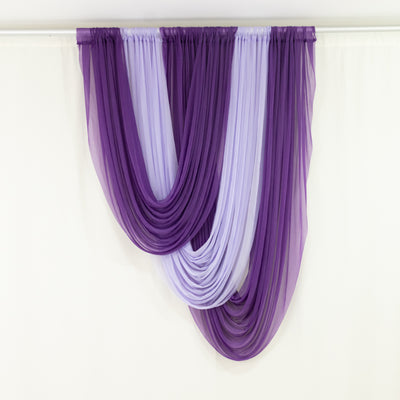 Purple and lavender sheer curtain panels on rod