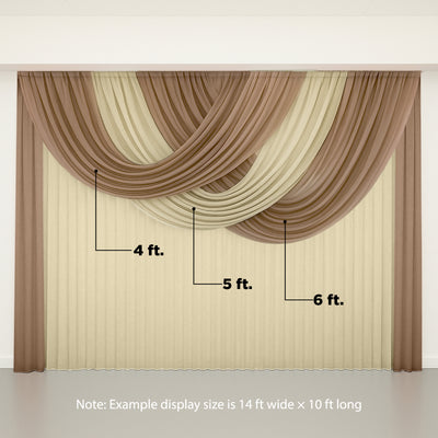 Draped fabric curtain display in brown and cream colors, showcasing elegant design.
