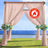 Flame retardant outdoor wedding arch draped with pink fabric and floral accents.