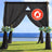 Black outdoor wedding arch draped in flowers with a flame retardant label.
