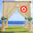Flame retardant wedding arch with draped fabric and floral arrangements.