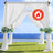 Flame retardant wedding arch draped with white fabric and floral arrangements.