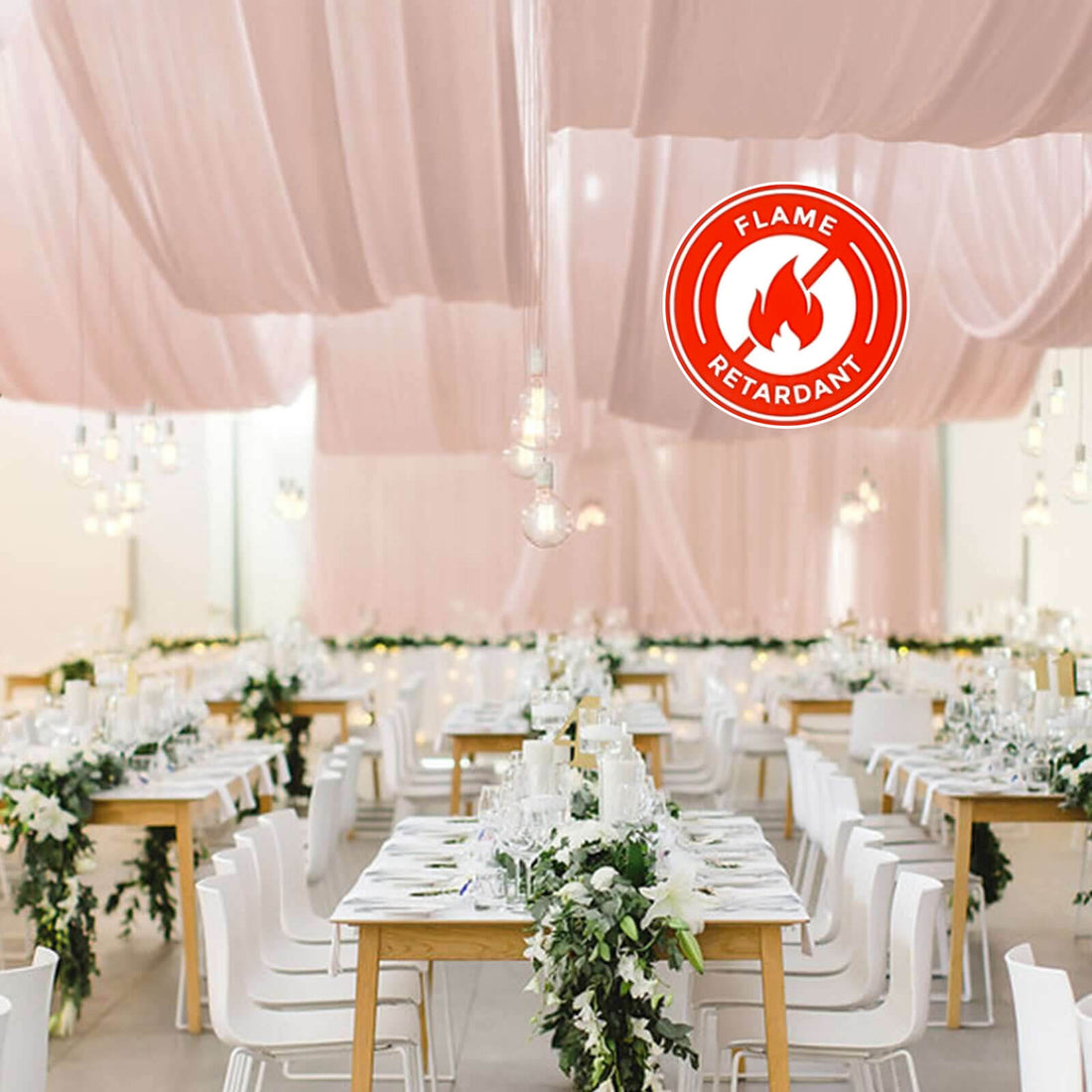Flame retardant fabric draping for elegant event decor.