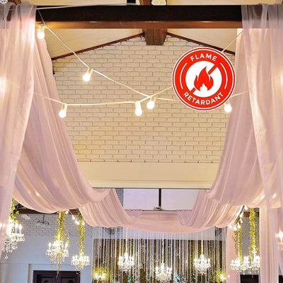 Decorative drapery with flame retardant label in a stylish event space.