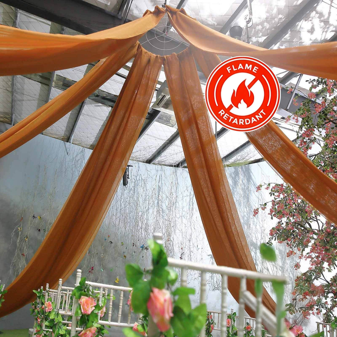 Flame retardant fabric draping in a decorative setting.