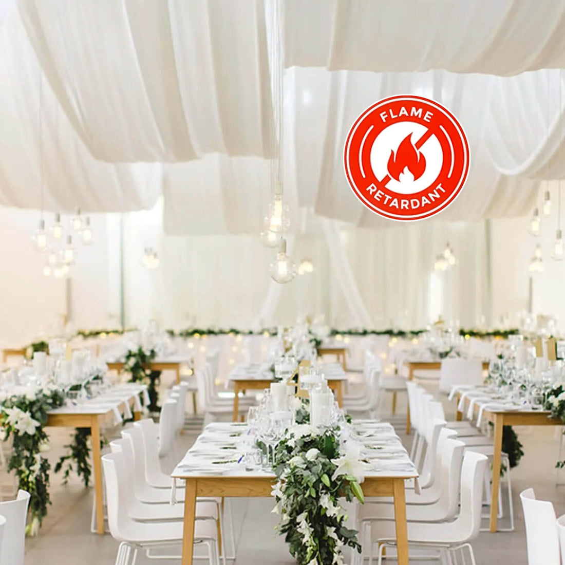 Elegant banquet setup with flame retardant certification logo.