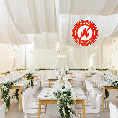 Elegant banquet setup with flame retardant certification logo.