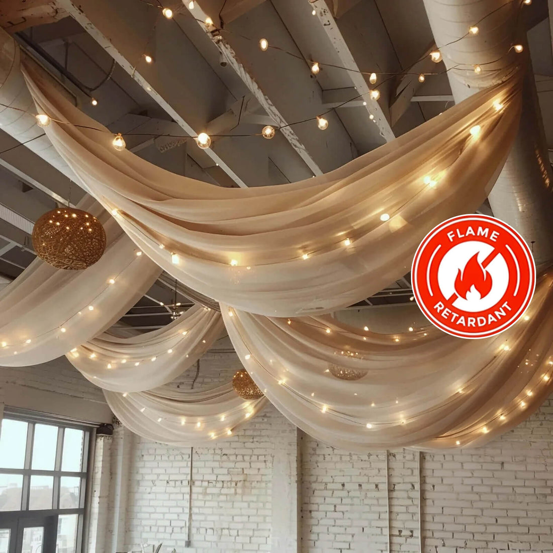 Flame retardant drapery with string lights for elegant decor