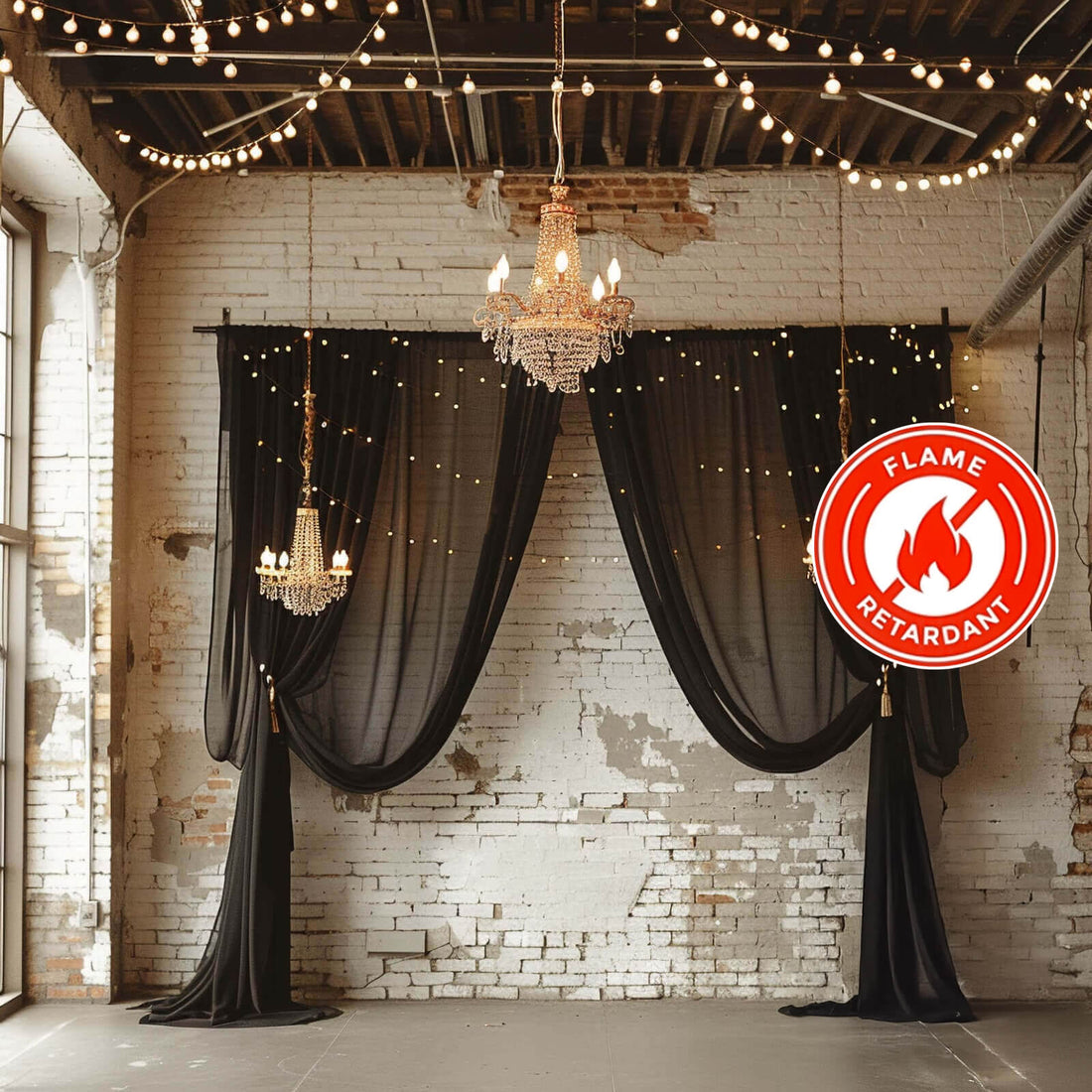 Elegant black drapes with chandeliers in a stylish venue, featuring a flame retardant label.