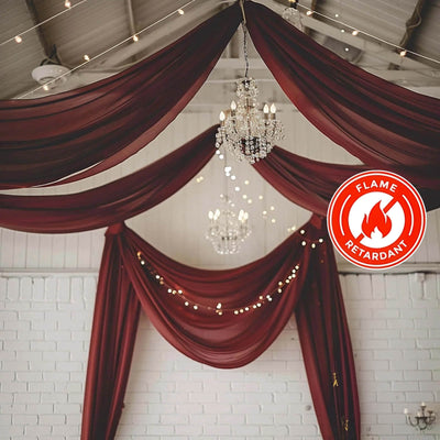 Burgundy Chiffon Ceiling Drapery, Durable Flame Resistant Long Curtain Backdrop Panel With Rod Pocket 5ftx32ft