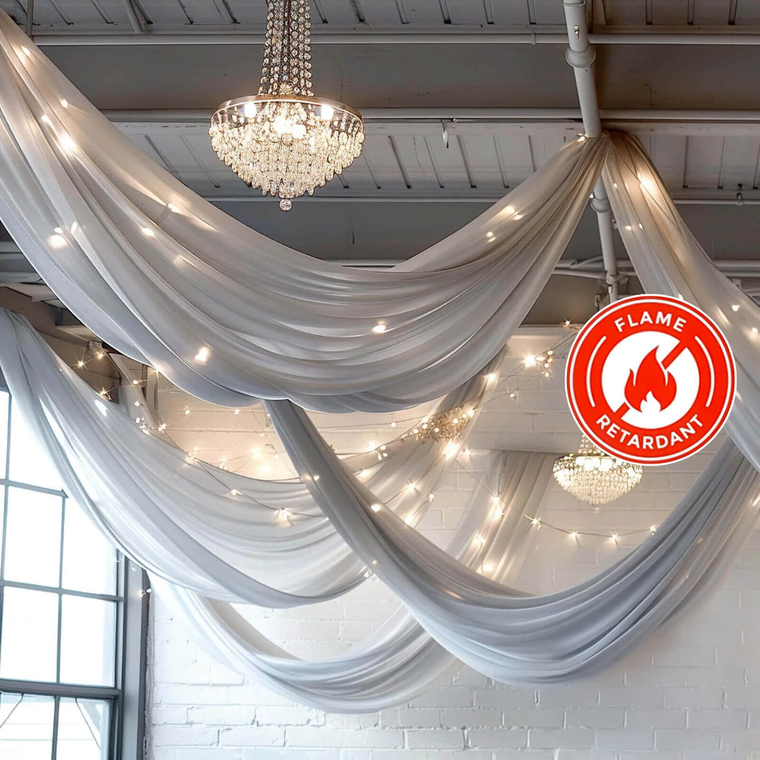 Decorative sheer drapes with lights and a flame retardant label.