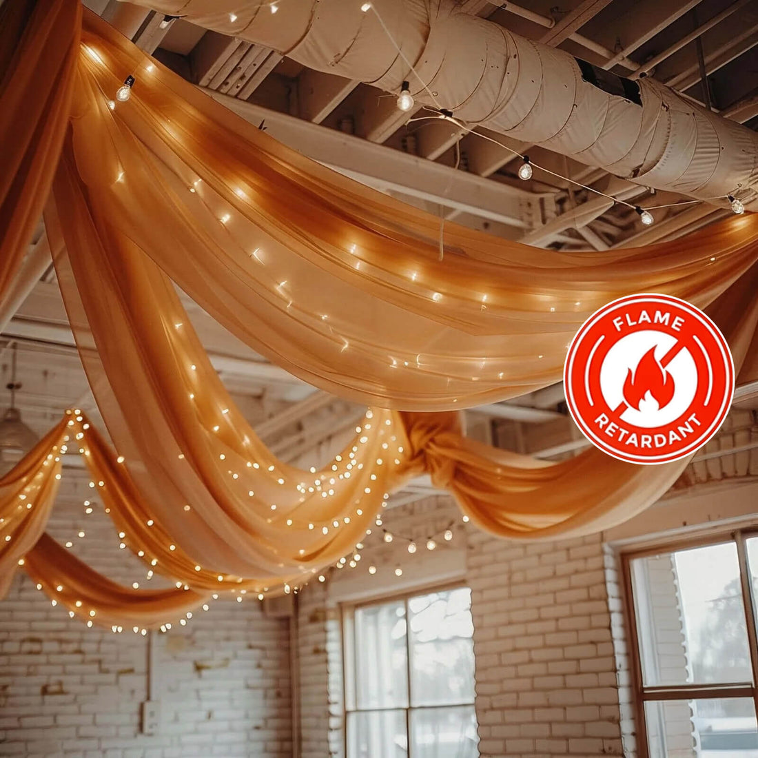 Flame retardant fabric drapes with fairy lights in a decorated venue.