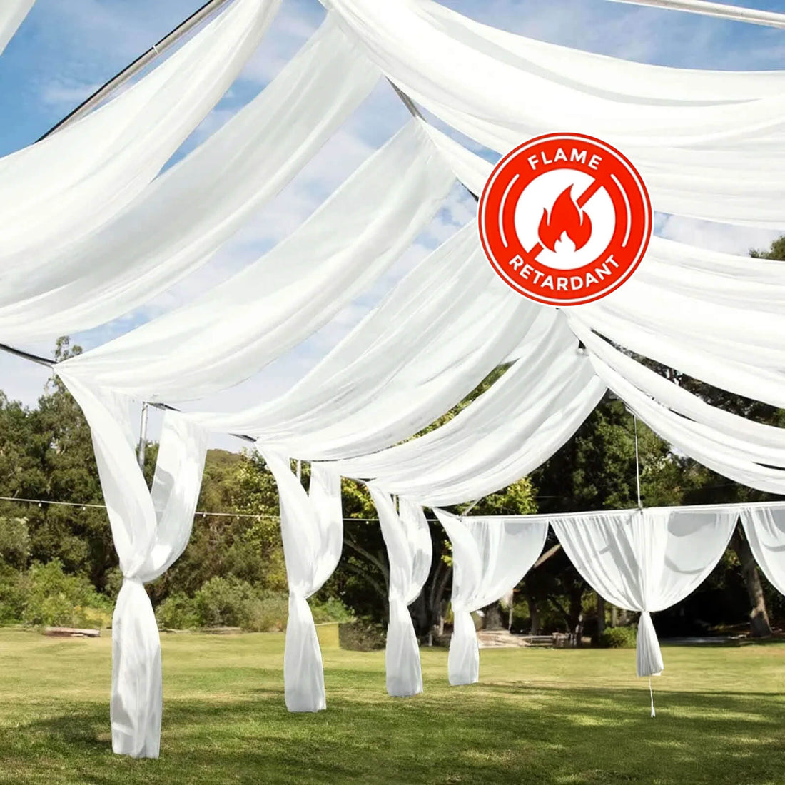 Flame retardant white canopy draping for outdoor events