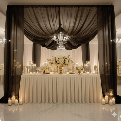 Elegant wedding reception setup with floral arrangements and candles.