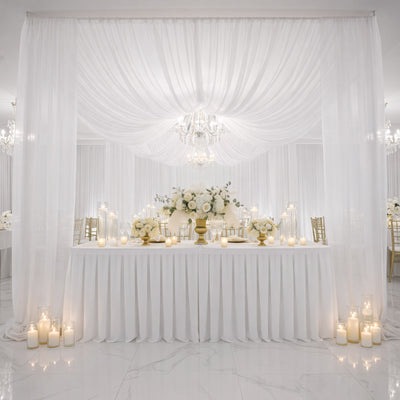 Elegant wedding reception setup with floral arrangements and candles.