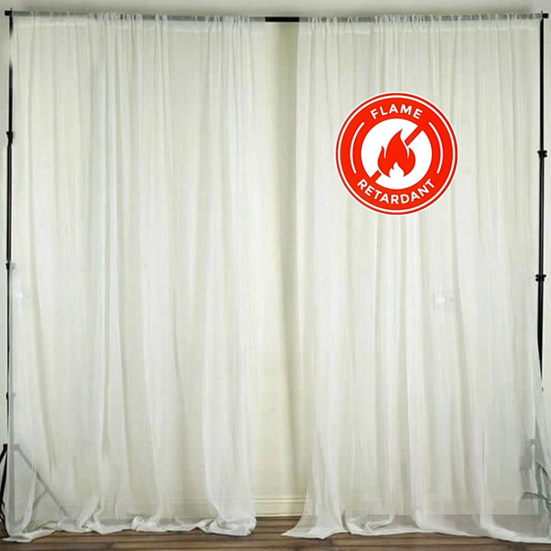 Flame retardant white curtains on a backdrop