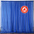 Blue flame retardant curtain with logo on a studio backdrop. #whtbkgd