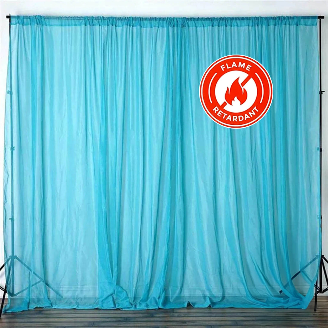 Flame retardant turquoise curtain on display