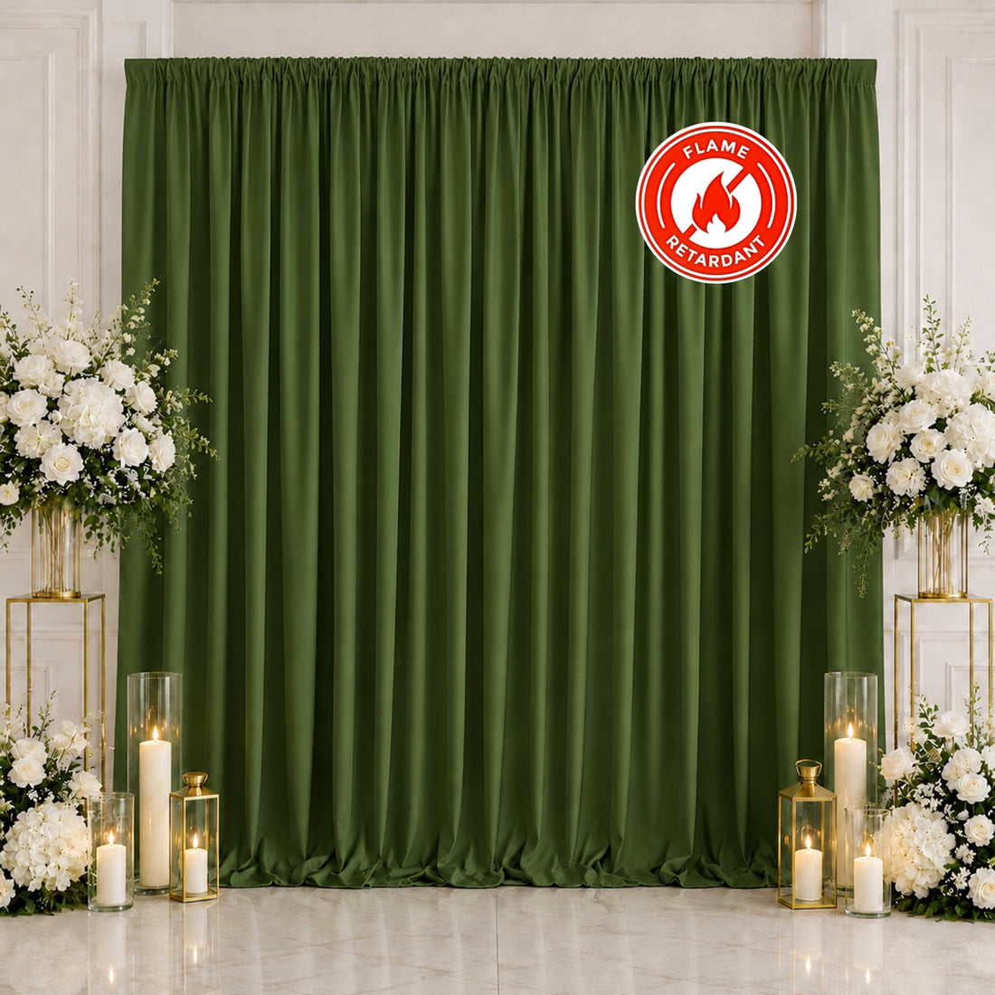 Green flame retardant curtain backdrop with floral and candle decor
