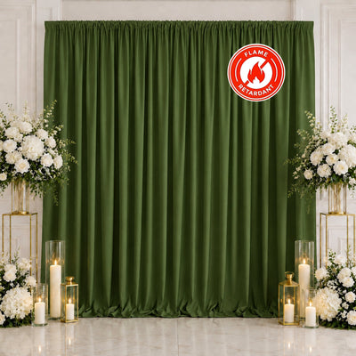 Green flame retardant curtain backdrop with floral and candle decor