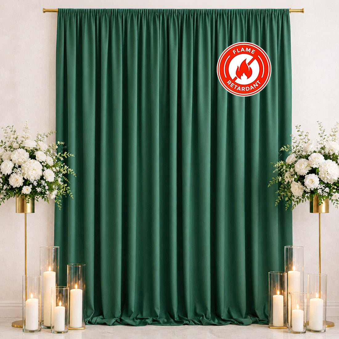 Green flame-retardant curtain with floral candle wedding backdrop