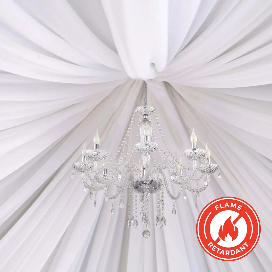 Elegant crystal chandelier with flame retardant feature.