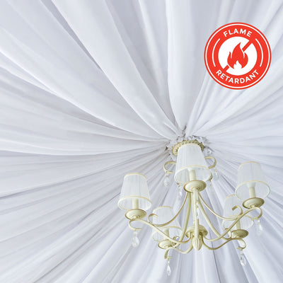 Flame retardant white drapery with chandelier overhead