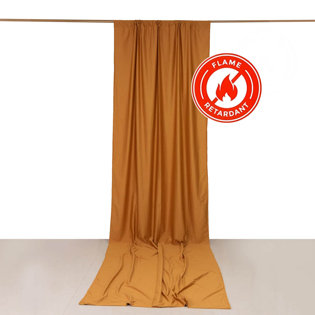 Flame-retardant fabric curtain in warm brown color on a white backdrop