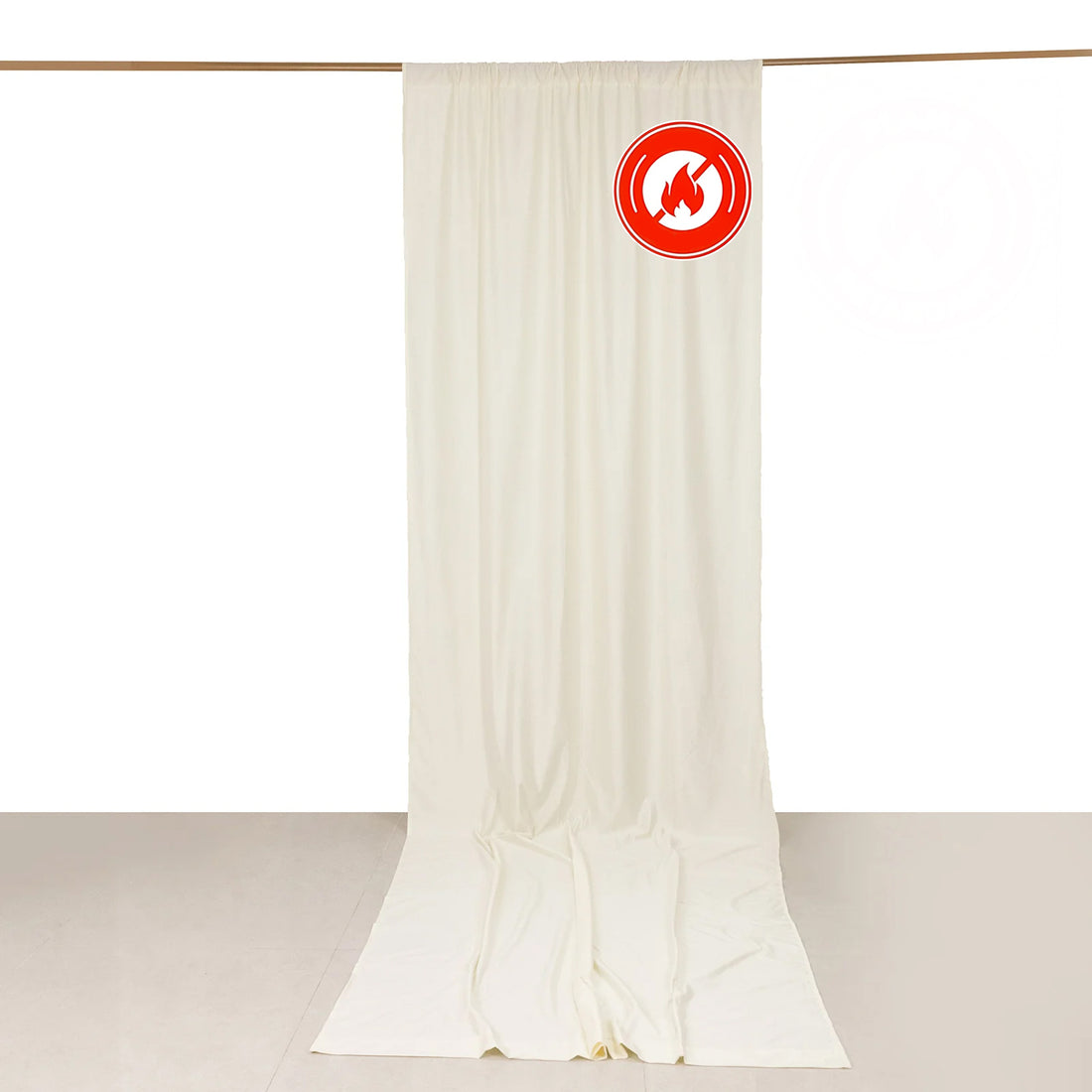 Fire-resistant curtain with logo on a plain white background