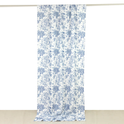 Blue floral patterned fabric curtain on a white backdrop.