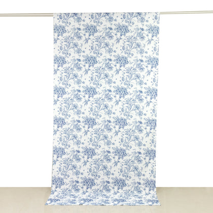 French Toile Backdrop Curtain – 5ft x 10ft Polyester Drape Panel, Blue Floral, Rod Pocket Design