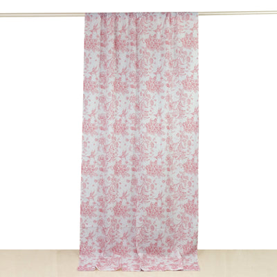 Pink floral patterned curtain on a white background.