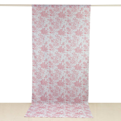 French Toile Backdrop Curtain – 5ft x 12ft Polyester Drape Panel, Pink Floral, Rod Pocket Design