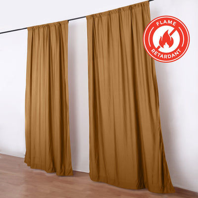 Flame retardant curtains on rod in modern room, gold drapes display
