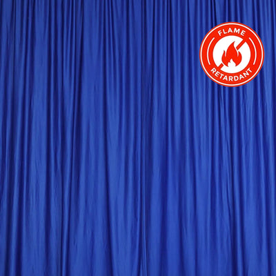 Blue flame-retardant curtain with safety certification emblem. #whtbkgd