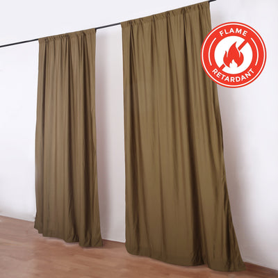 Flame retardant curtains in brown hanging on a rod