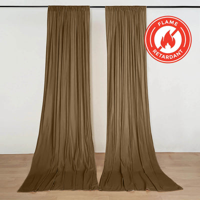 Flame retardant brown curtains hanging on a wall with fire-resistant label