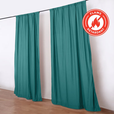 Flame retardant teal curtains on rod, room divider drapes